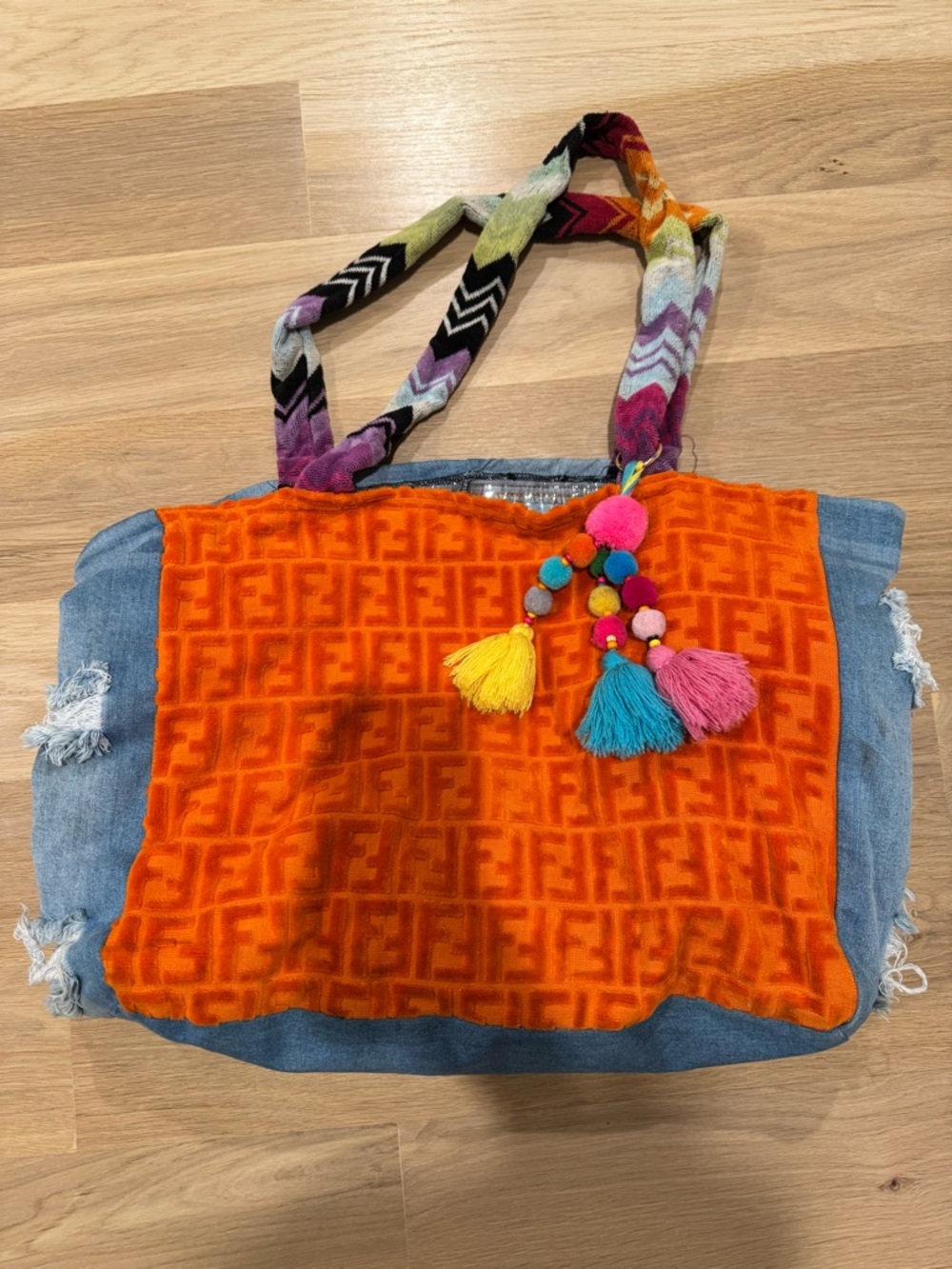 🧡 Custom Denim Beach/Pool Tote Bag Made With Authentic Fendi Towel Material 🧡